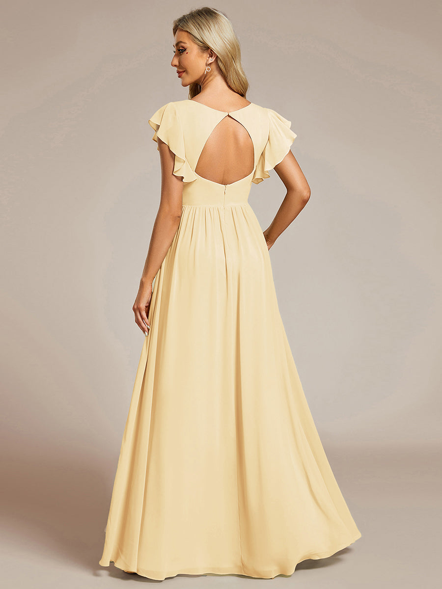 Robe de demoiselle d'honneur en mousseline de soie avec manches à volants et découpes au dos #Couleur_Jaune