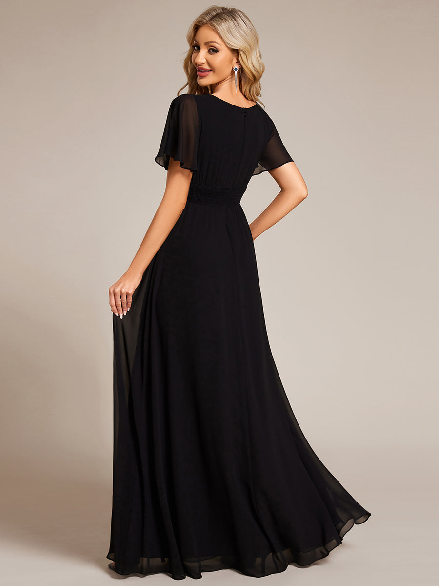 Robe D'invité De Mariage En Mousseline De Soie Mi-Longue Plissée à Manches à Volants Et Col En V  #Couleur_Noir