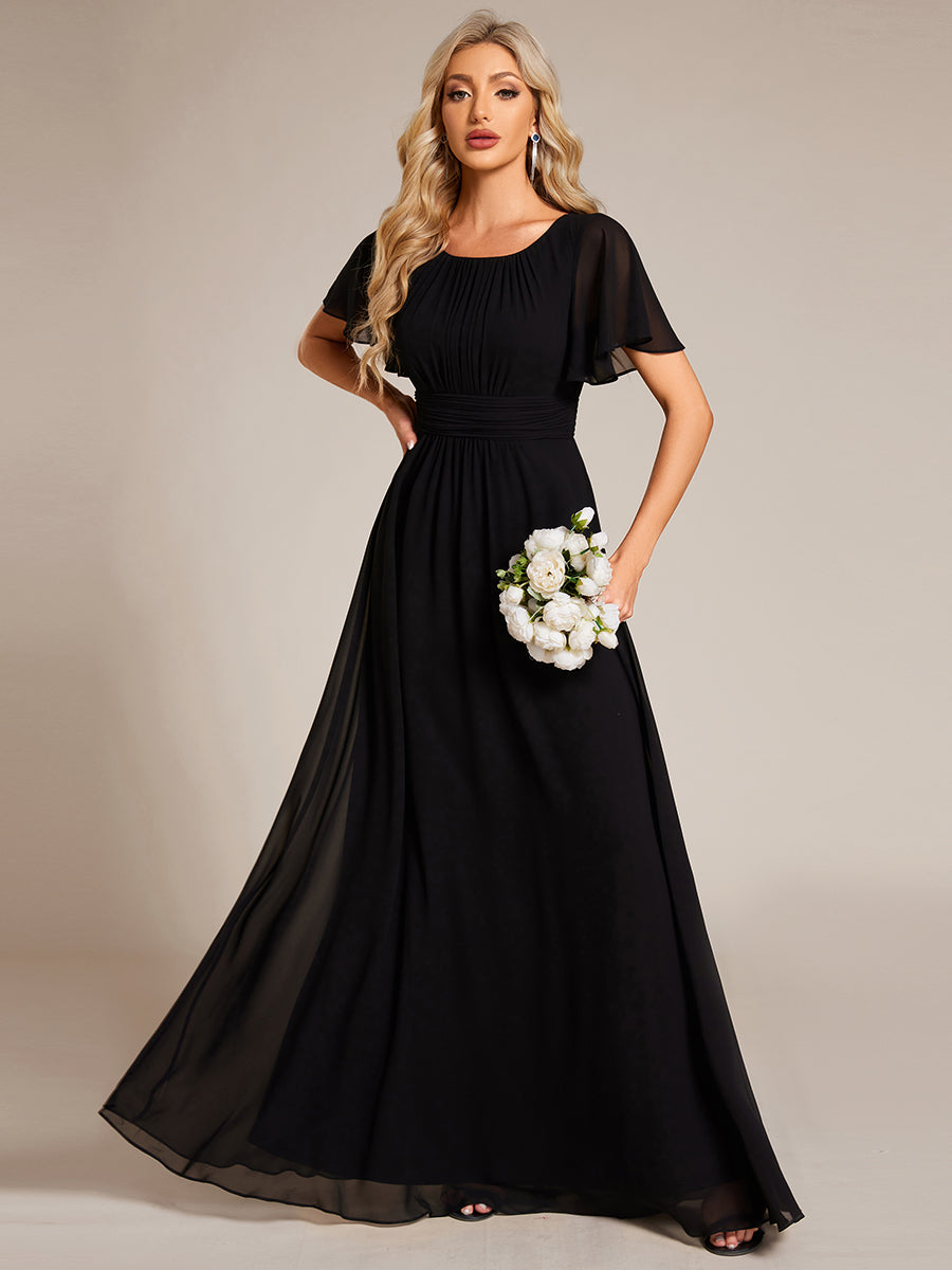 Robe D'invité De Mariage En Mousseline De Soie Mi-Longue Plissée à Manches à Volants Et Col En V #Couleur_Noir