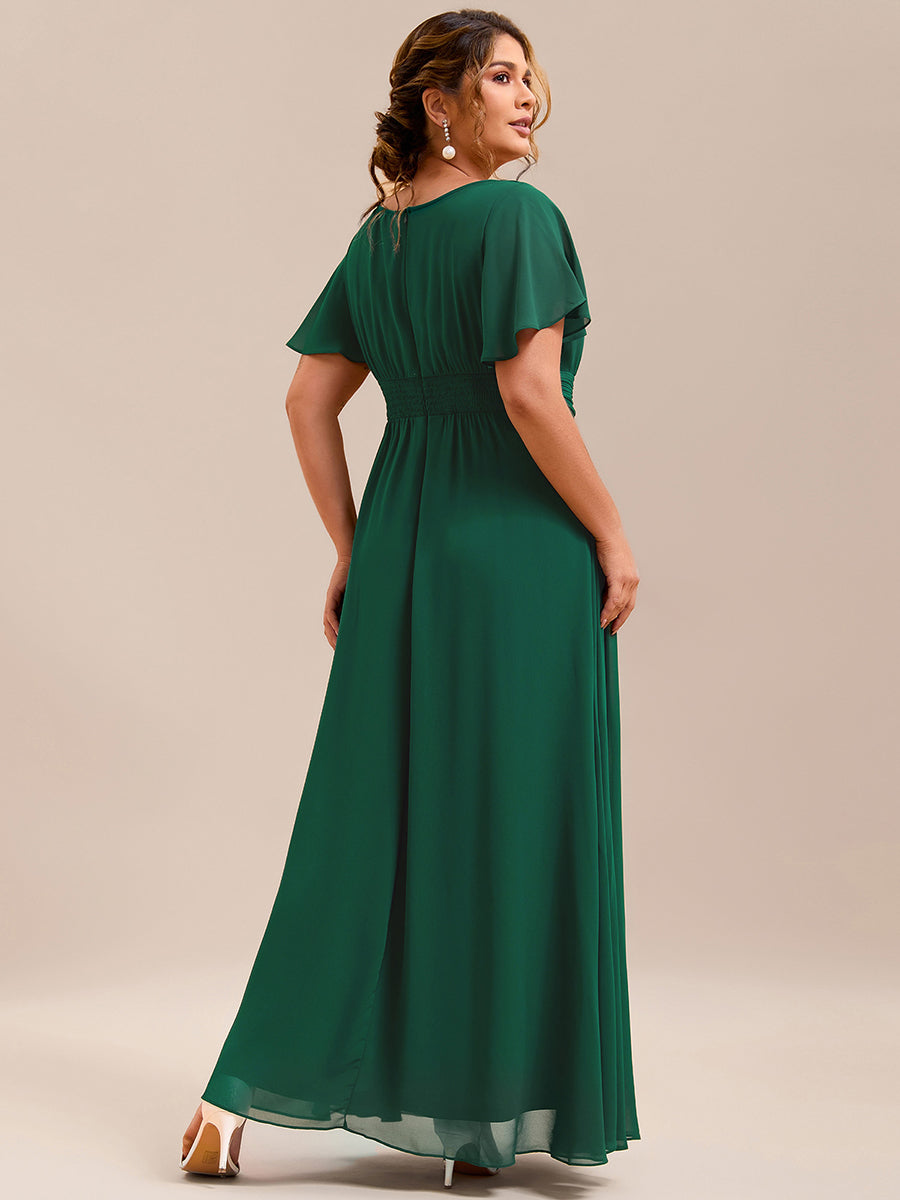Robe D'invité De Mariage En Mousseline De Soie Mi-Longue Plissée à Manches à Volants Et Col En V  #Couleur_Vert Fonce