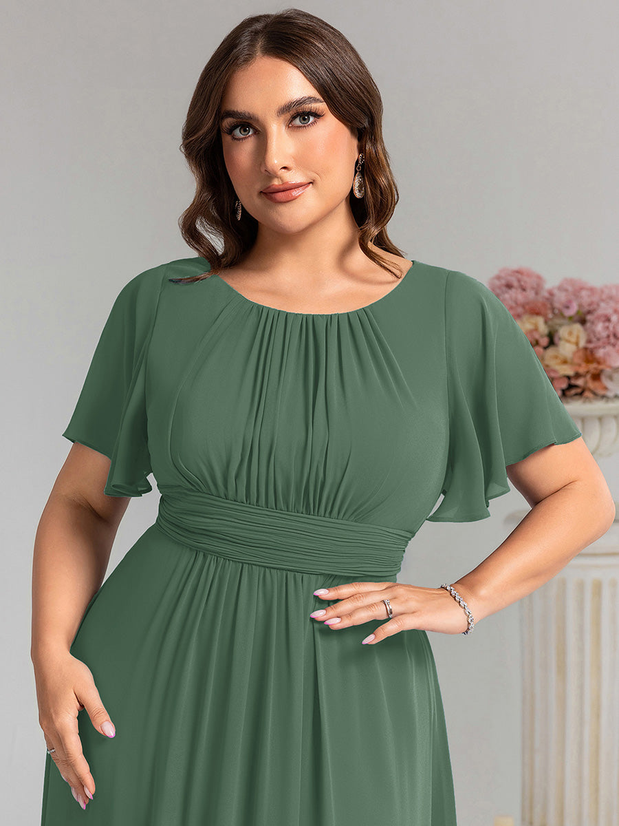 Robe de demoiselle d'honneur trapèze plissée en mousseline de soie simple, encolure ronde #Couleur_Eucalyptus