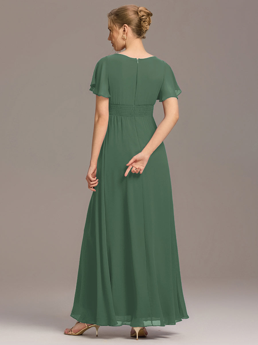 Robe de demoiselle d'honneur trapèze plissée en mousseline de soie simple, encolure ronde #Couleur_Eucalyptus