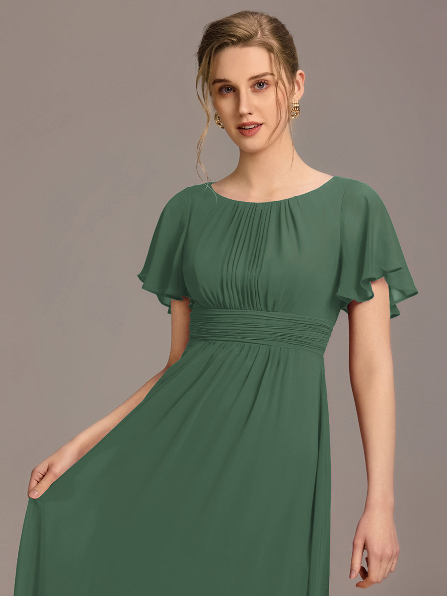 Robe de demoiselle d'honneur trapèze plissée en mousseline de soie simple, encolure ronde #Couleur_Eucalyptus