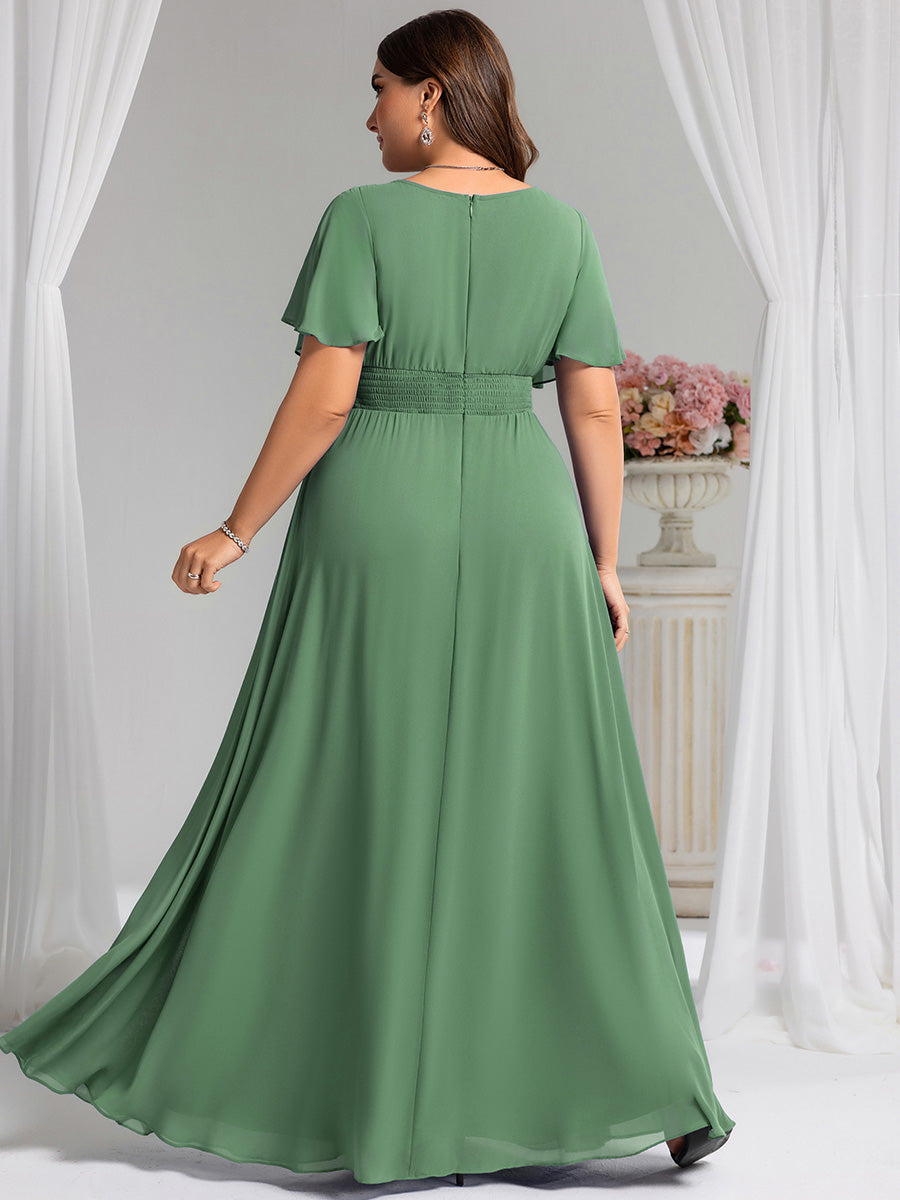 Robe demoiselle d'honneur en mousseline simple plissée de grande taille encolure ronde #Couleur_Haricot Vert