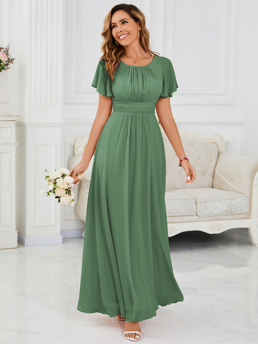 Robe D'invité De Mariage En Mousseline De Soie Mi-Longue Plissée à Manches à Volants Et Col En V #Couleur_Haricot Vert