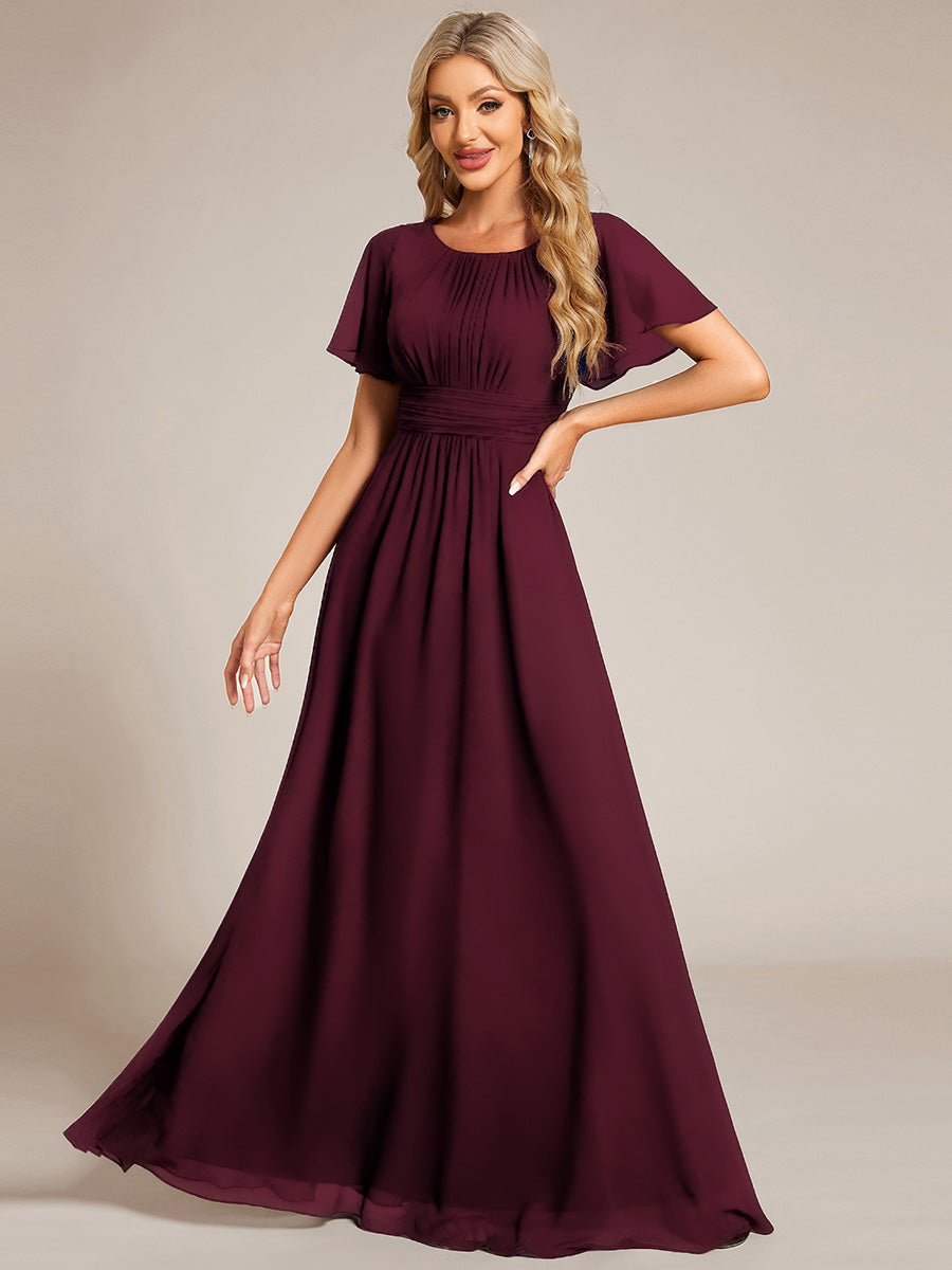 Robe de demoiselle d'honneur trapèze plissée en mousseline de soie simple, encolure ronde #Couleur_Pourpre