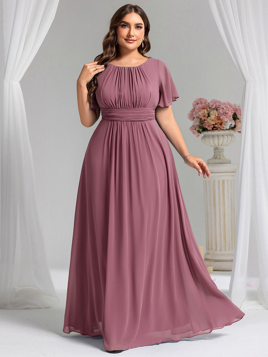 Robe de demoiselle d'honneur trapèze plissée en mousseline de soie simple, encolure ronde #Couleur_Orchidee