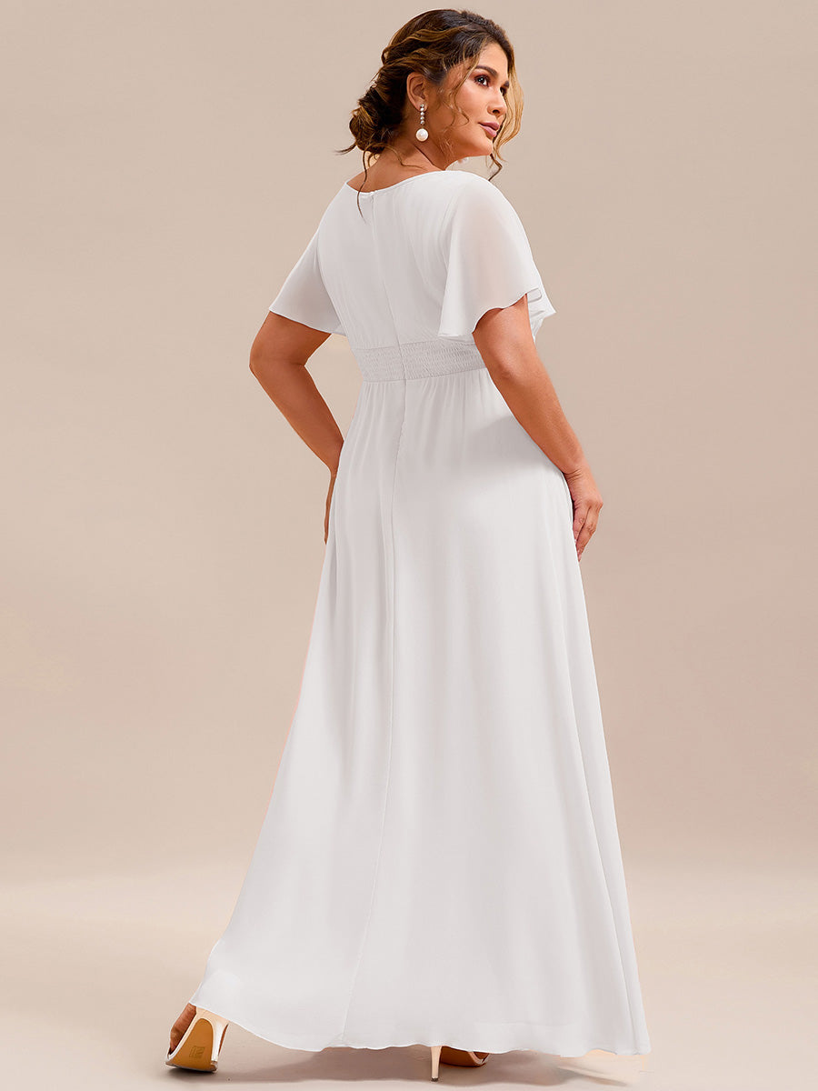 Robe D'invité De Mariage En Mousseline De Soie Mi-Longue Plissée à Manches à Volants Et Col En V  #Couleur_Blanc