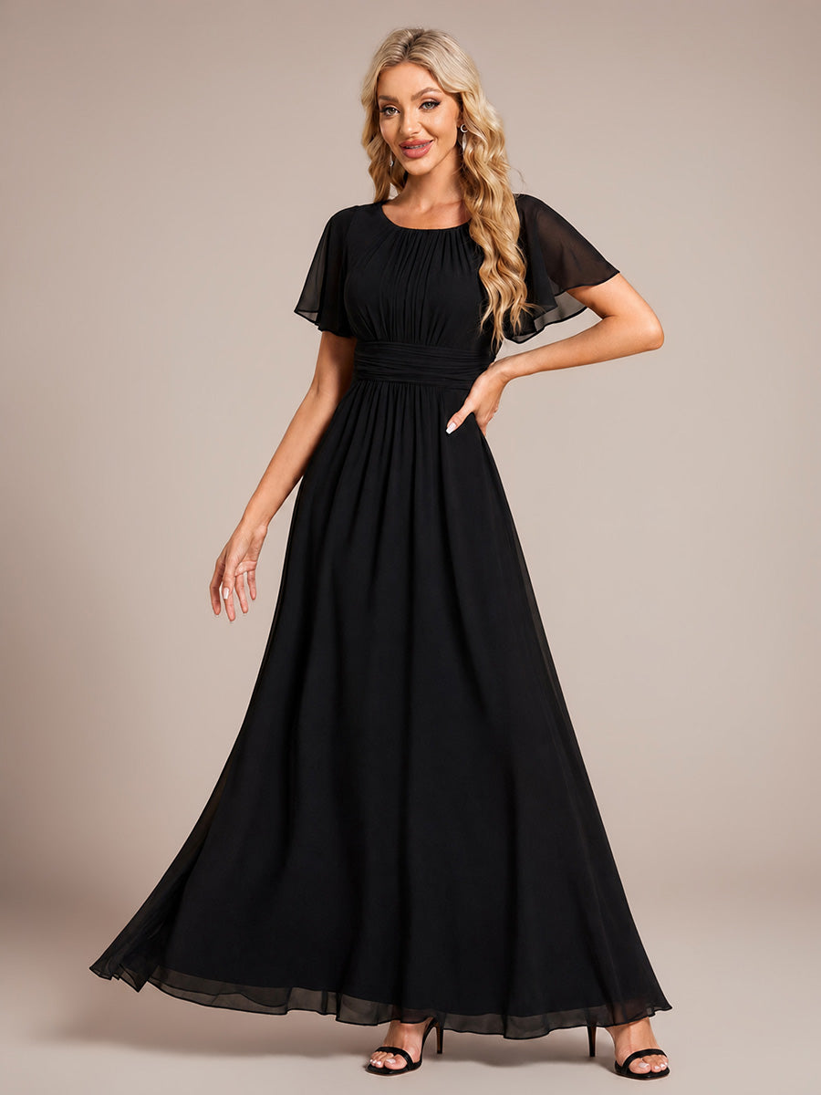 Robe D'invité De Mariage En Mousseline De Soie Mi-Longue Plissée à Manches à Volants Et Col En V #Couleur_Noir
