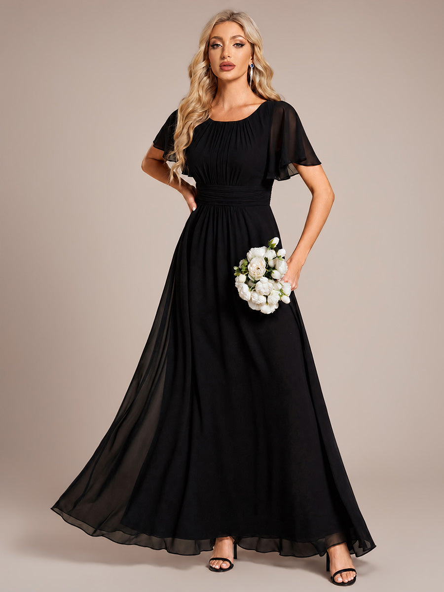 Robe D'invité De Mariage En Mousseline De Soie Mi-Longue Plissée à Manches à Volants Et Col En V #Couleur_Noir