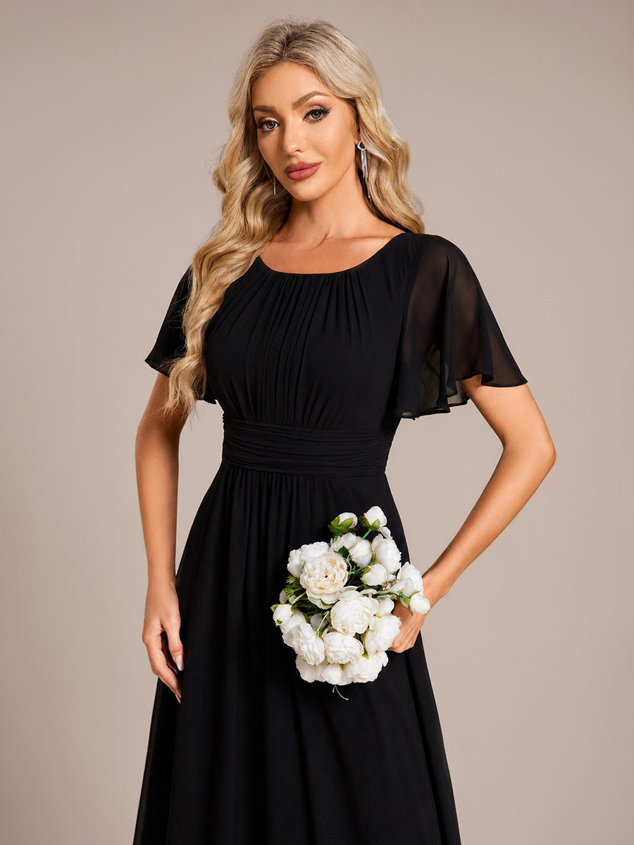 Robe D'invité De Mariage En Mousseline De Soie Mi-Longue Plissée à Manches à Volants Et Col En V #Couleur_Noir