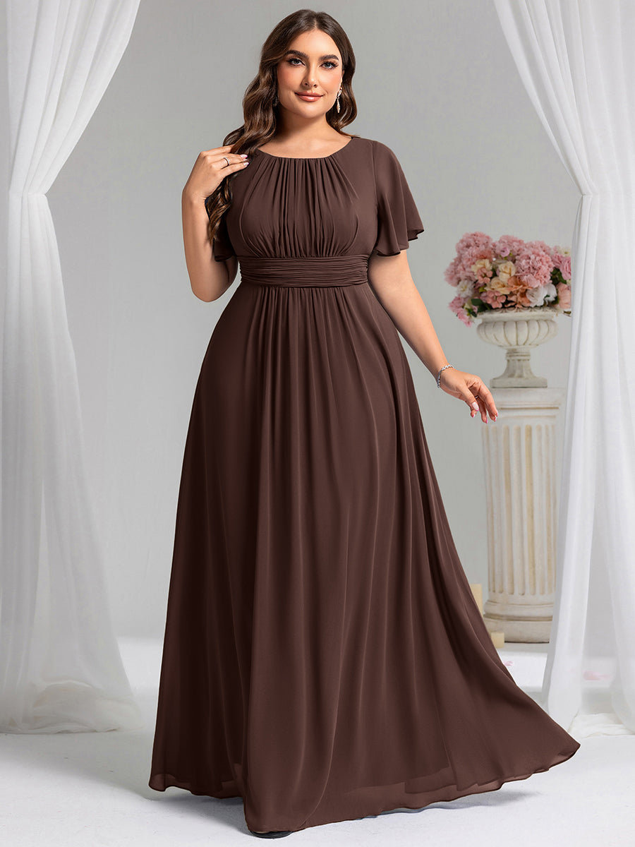robe longue à manches courtes avec volants et plis en forme de A #Couleur_Marron chocolat