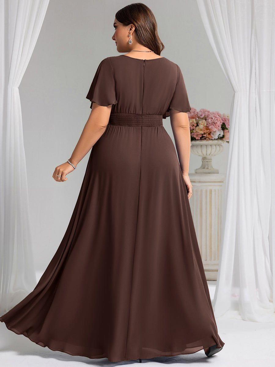 robe longue à manches courtes avec volants et plis en forme de A #Couleur_Marron chocolat
