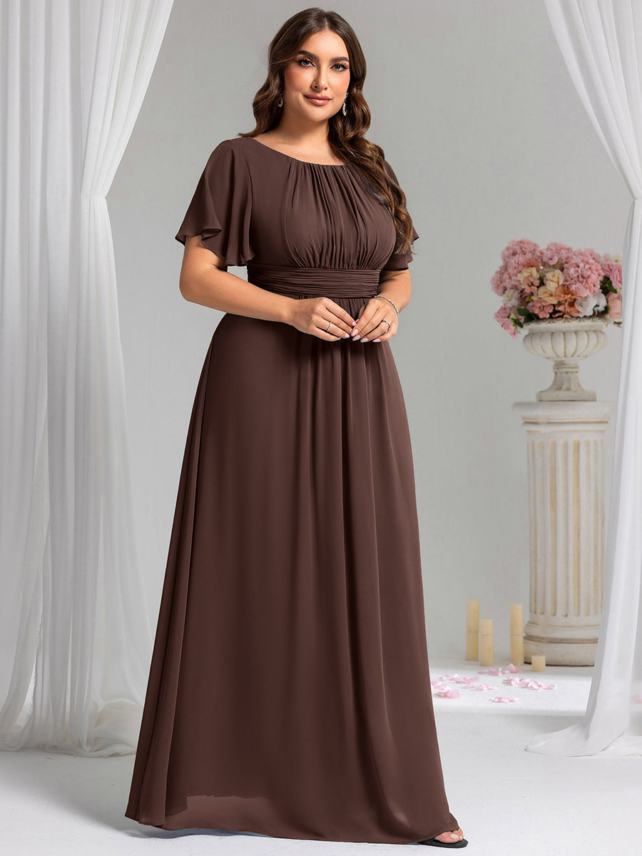 robe longue à manches courtes avec volants et plis en forme de A #Couleur_Marron chocolat