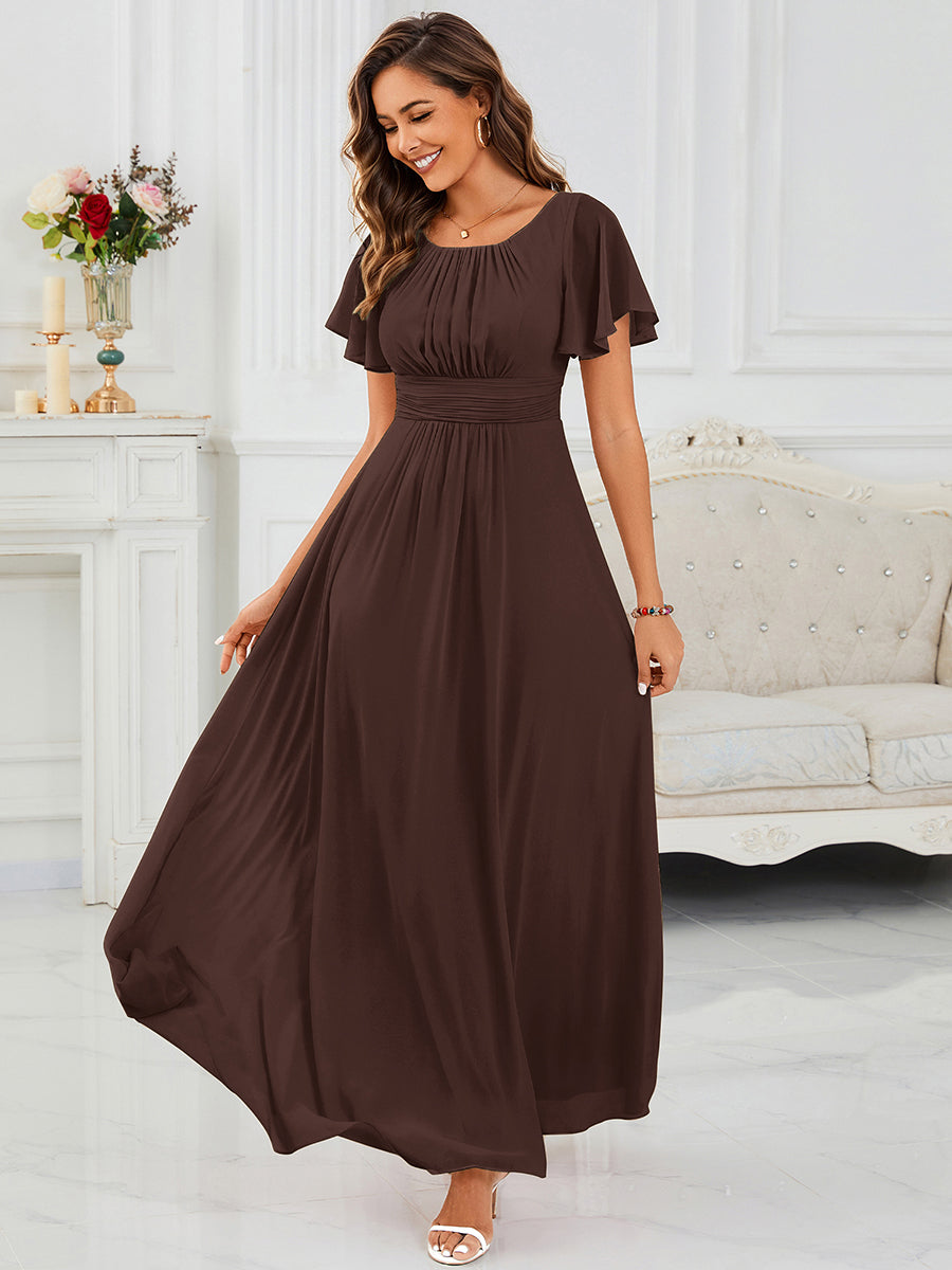 robe longue à manches courtes avec volants et plis en forme de A #Couleur_Marron chocolat