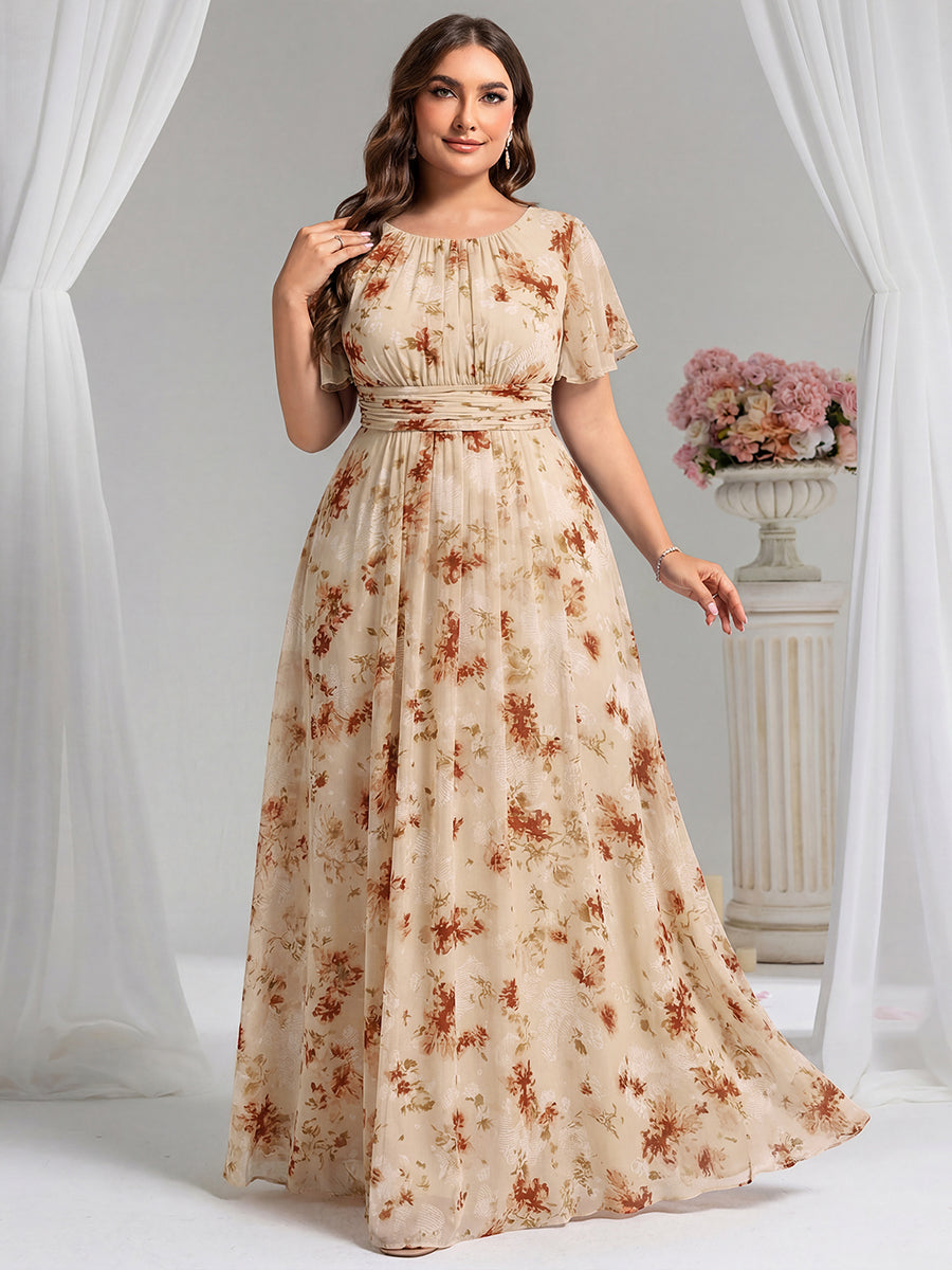 Robe D'invité De Mariage En Mousseline De Soie Mi-Longue Plissée à Manches à Volants Et Col En V #Couleur_Impression Champagne