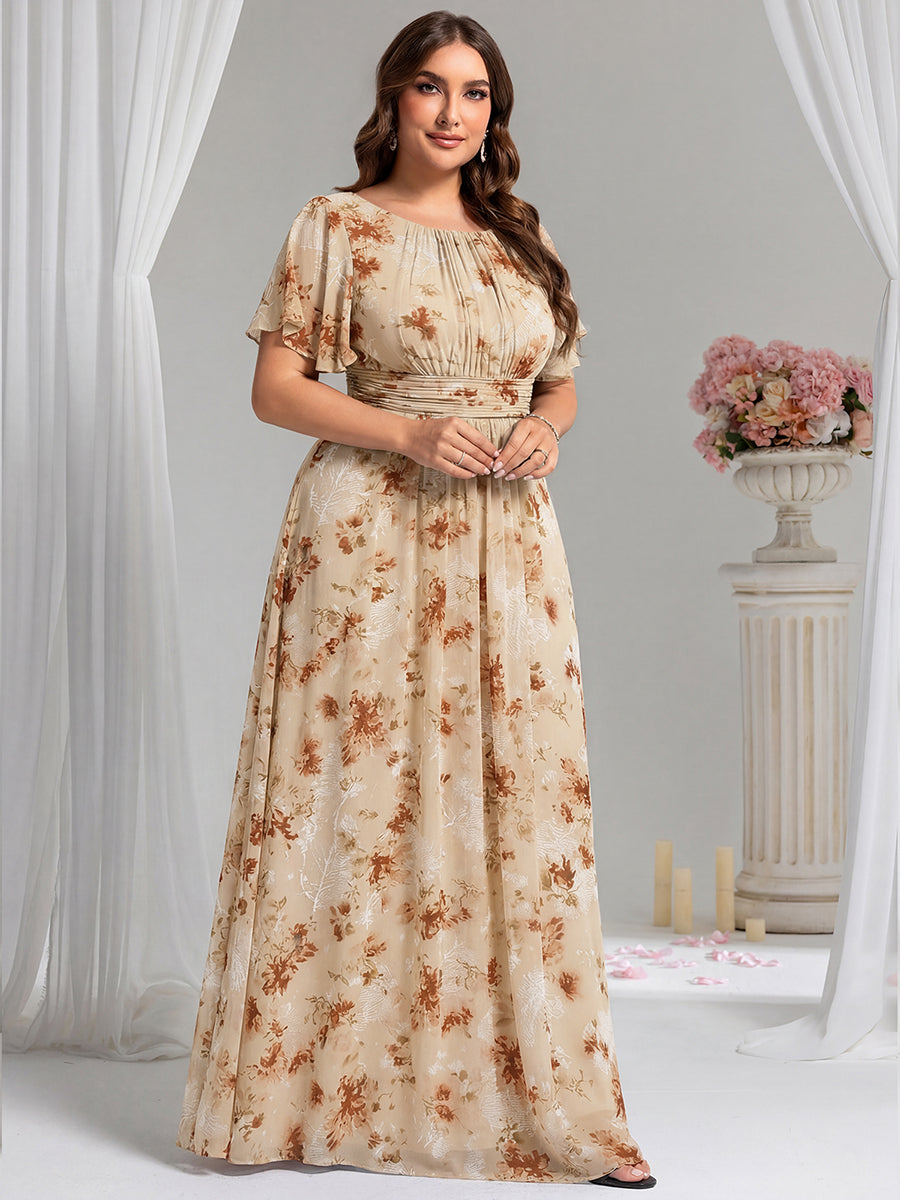 Robe D'invité De Mariage En Mousseline De Soie Mi-Longue Plissée à Manches à Volants Et Col En V #Couleur_Impression Champagne