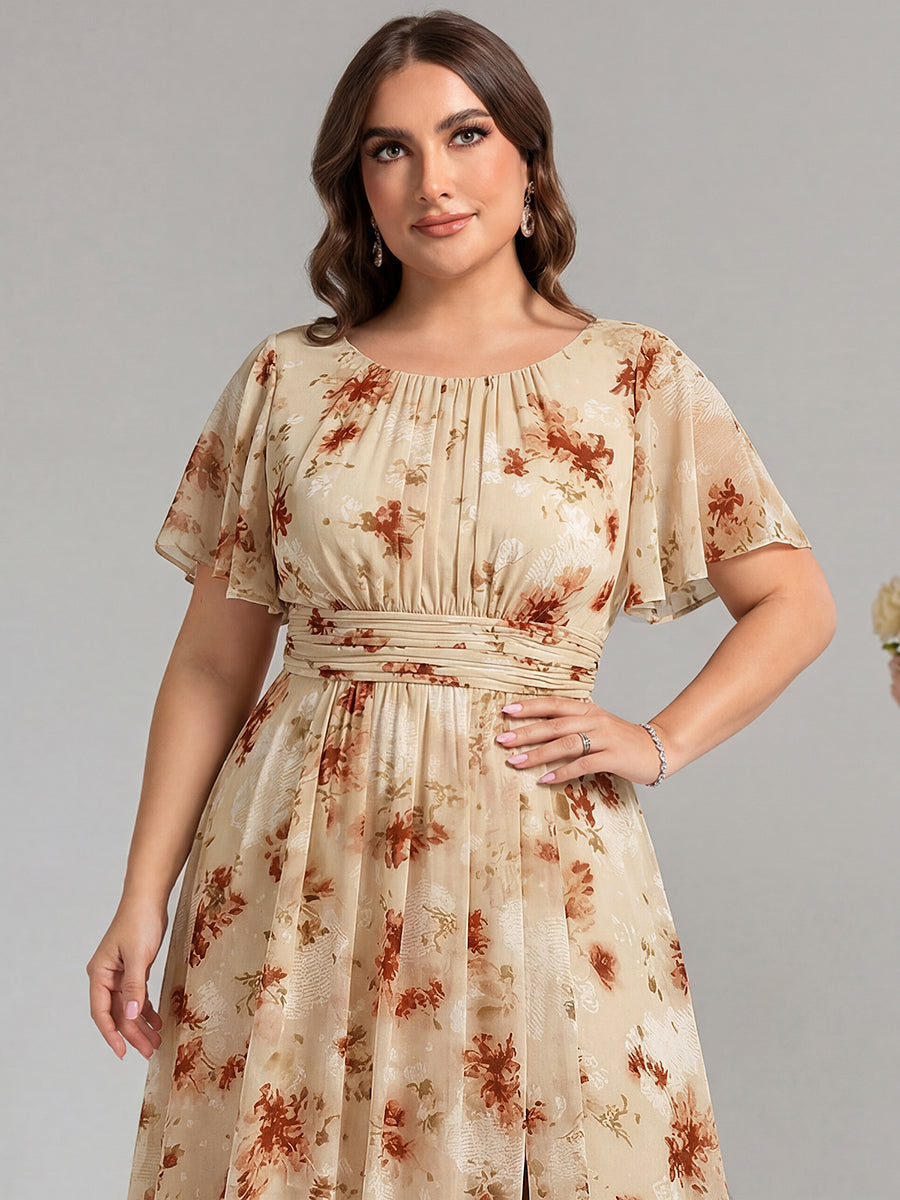 Robe D'invité De Mariage En Mousseline De Soie Mi-Longue Plissée à Manches à Volants Et Col En V #Couleur_Impression Champagne