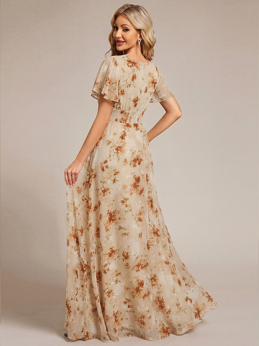Robe D'invité De Mariage En Mousseline De Soie Mi-Longue Plissée à Manches à Volants Et Col En V #Couleur Impression Champagne
