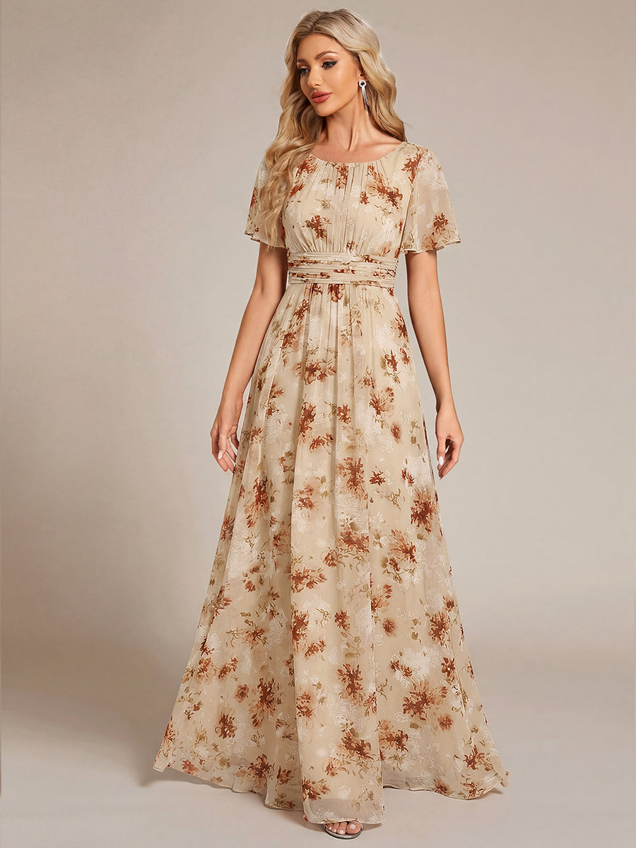 Robe D'invité De Mariage En Mousseline De Soie Mi-Longue Plissée à Manches à Volants Et Col En V #Couleur_Impression Champagne