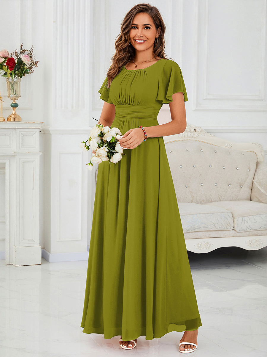 Robe D'invité De Mariage En Mousseline De Soie Mi-Longue Plissée à Manches à Volants Et Col En V #Couleur_Citron