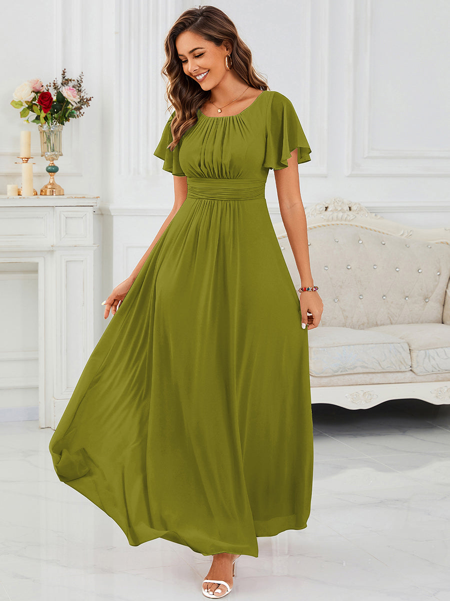Robe D'invité De Mariage En Mousseline De Soie Mi-Longue Plissée à Manches à Volants Et Col En V #Couleur_Citron