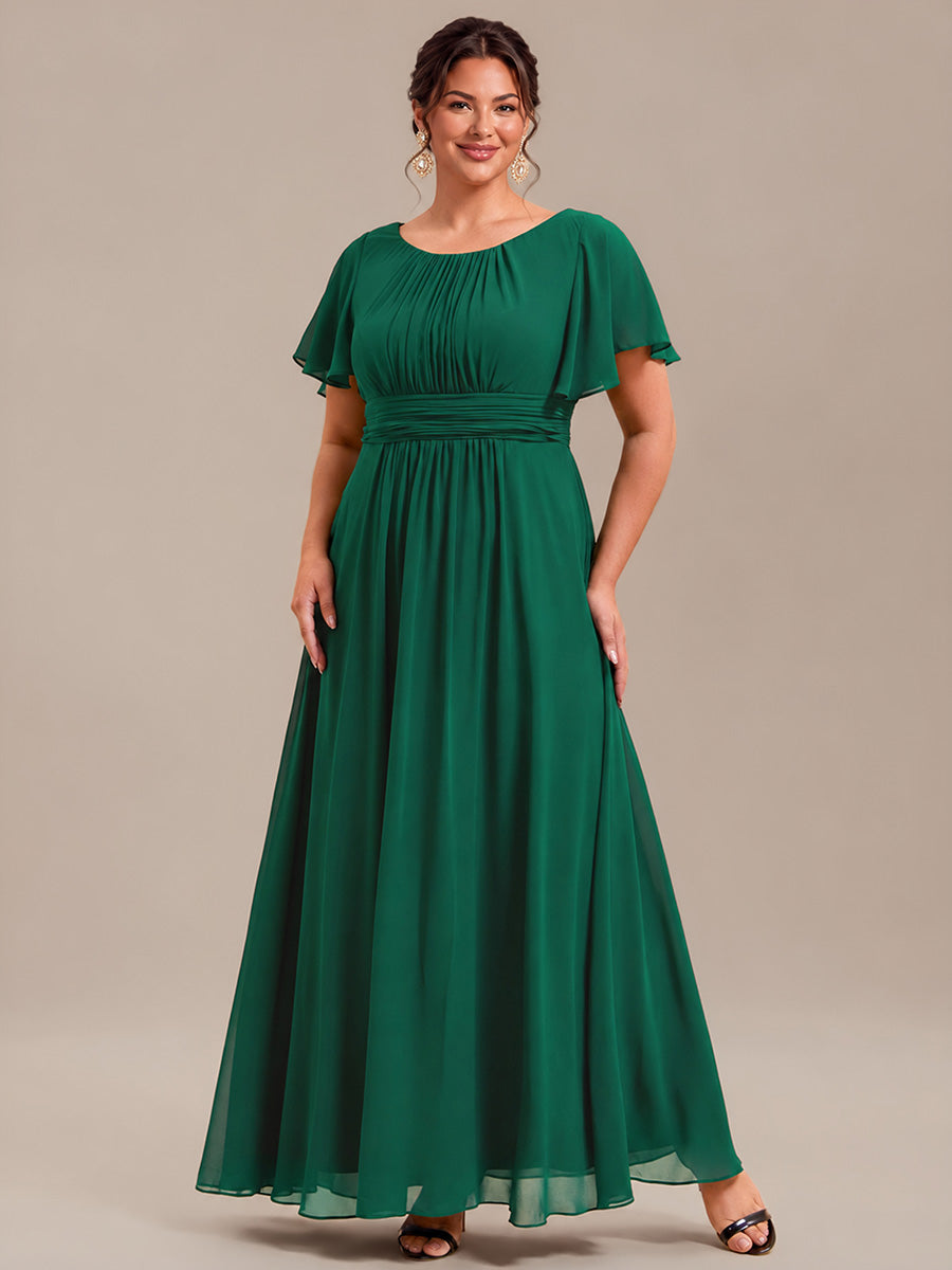 Robe D'invité De Mariage En Mousseline De Soie Mi-Longue Plissée à Manches à Volants Et Col En V #Couleur_Vert Fonce