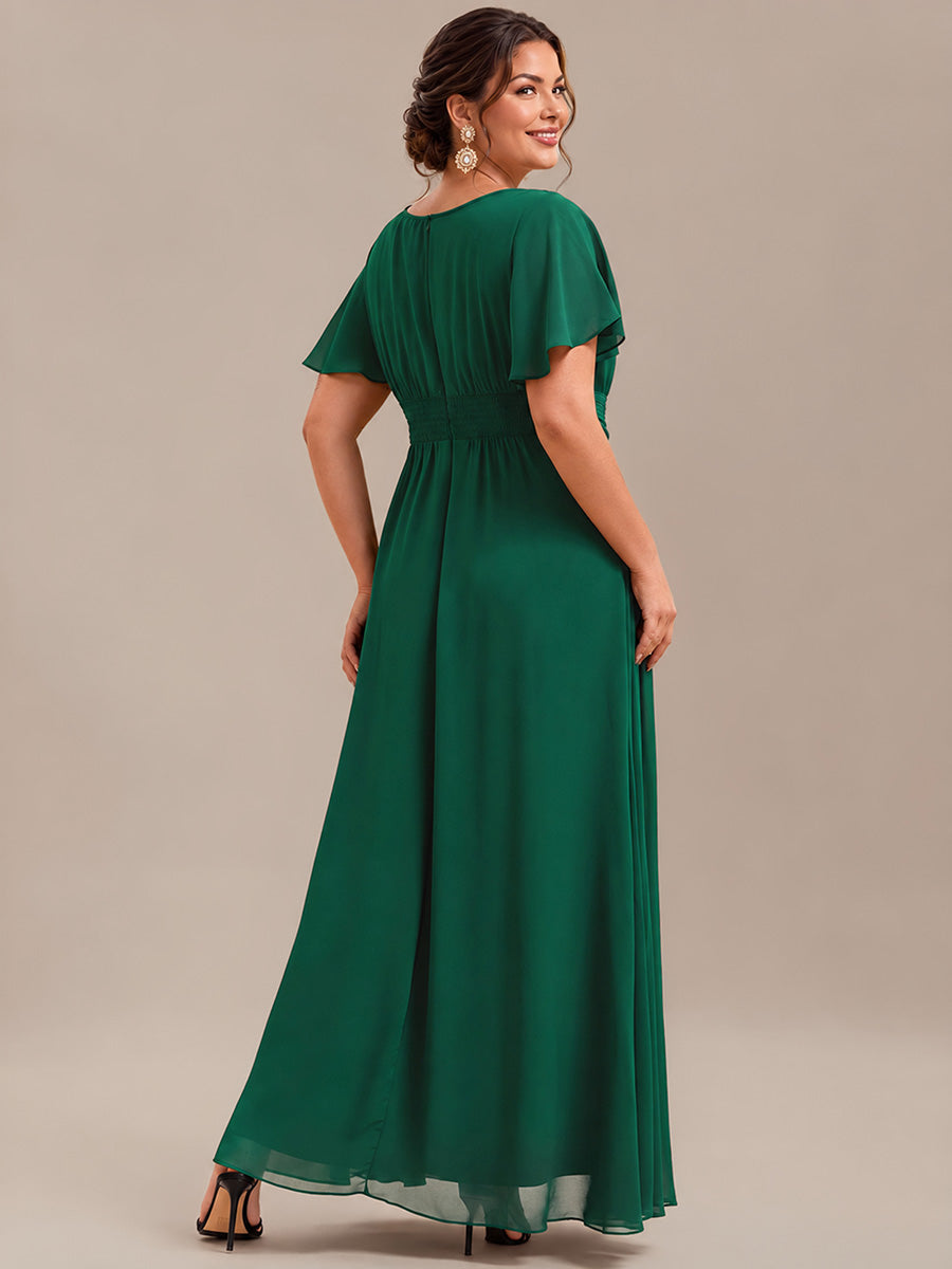 Robe D'invité De Mariage En Mousseline De Soie Mi-Longue Plissée à Manches à Volants Et Col En V #Couleur_Vert Fonce