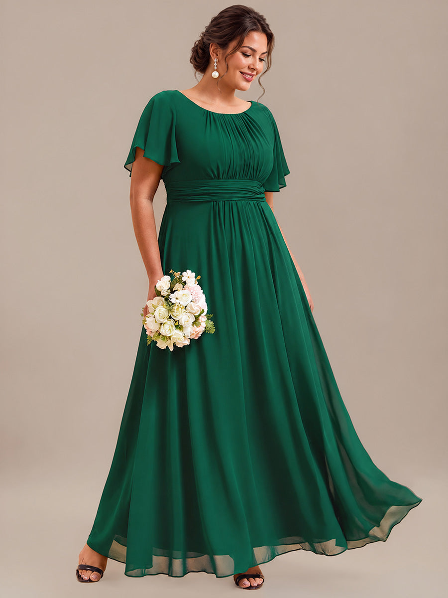 Robe D'invité De Mariage En Mousseline De Soie Mi-Longue Plissée à Manches à Volants Et Col En V #Couleur_Vert Fonce