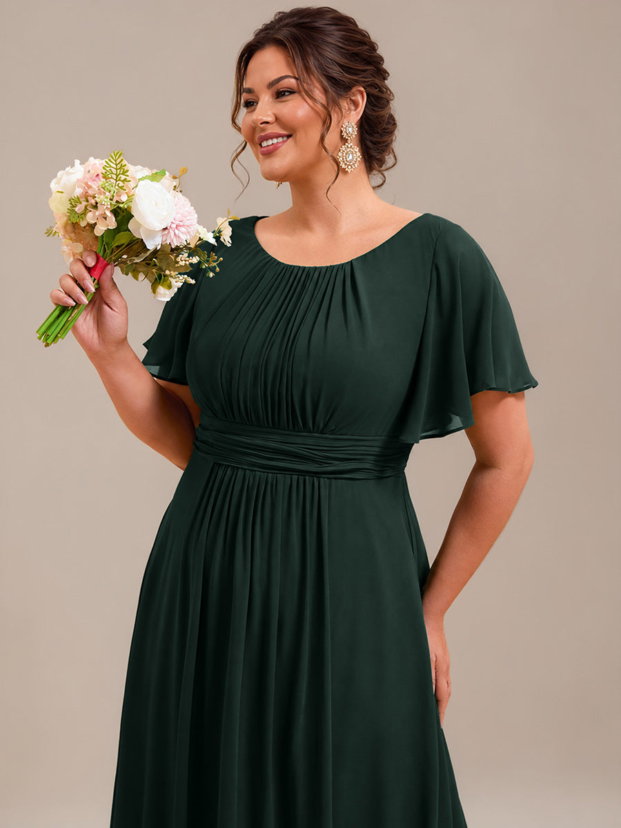 Robe D'invité De Mariage En Mousseline De Soie Mi-Longue Plissée à Manches à Volants Et Col En V #Couleur_Vert forêt foncé