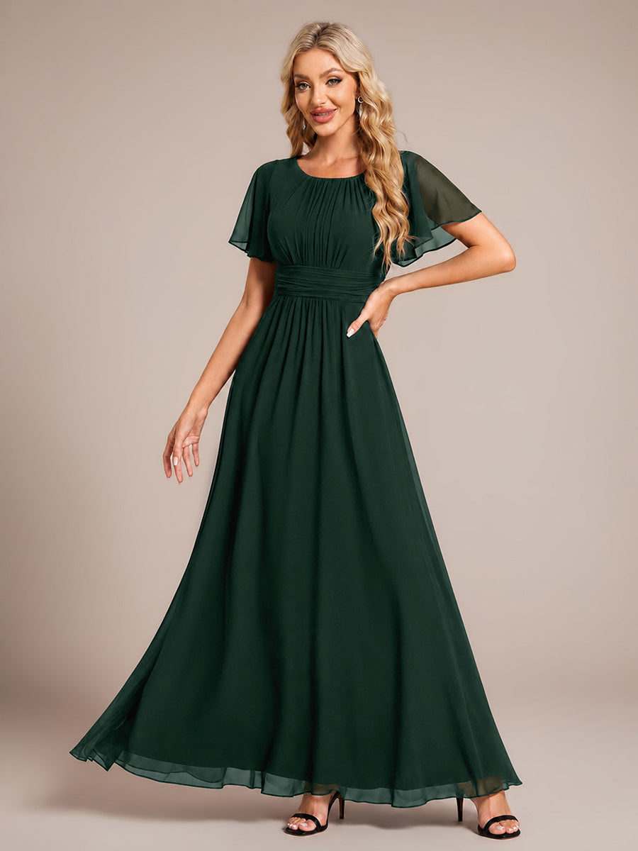 Robe D'invité De Mariage En Mousseline De Soie Mi-Longue Plissée à Manches à Volants Et Col En V #Couleur_Vert forêt foncé