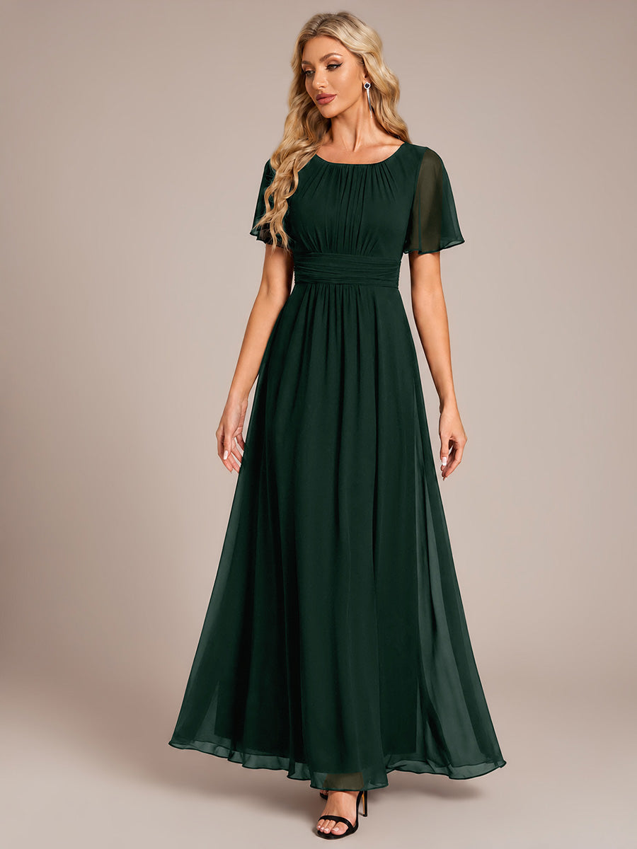 robe longue à manches courtes avec volants et plis en forme de A #Couleur_Vert forêt foncé