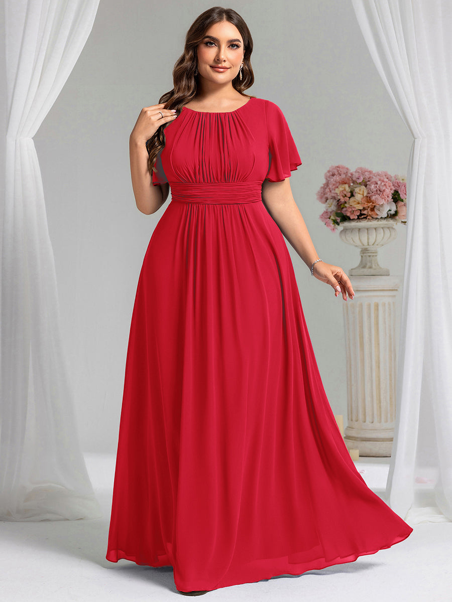 robe longue à manches courtes avec volants et plis en forme de A #Couleur_Rouge