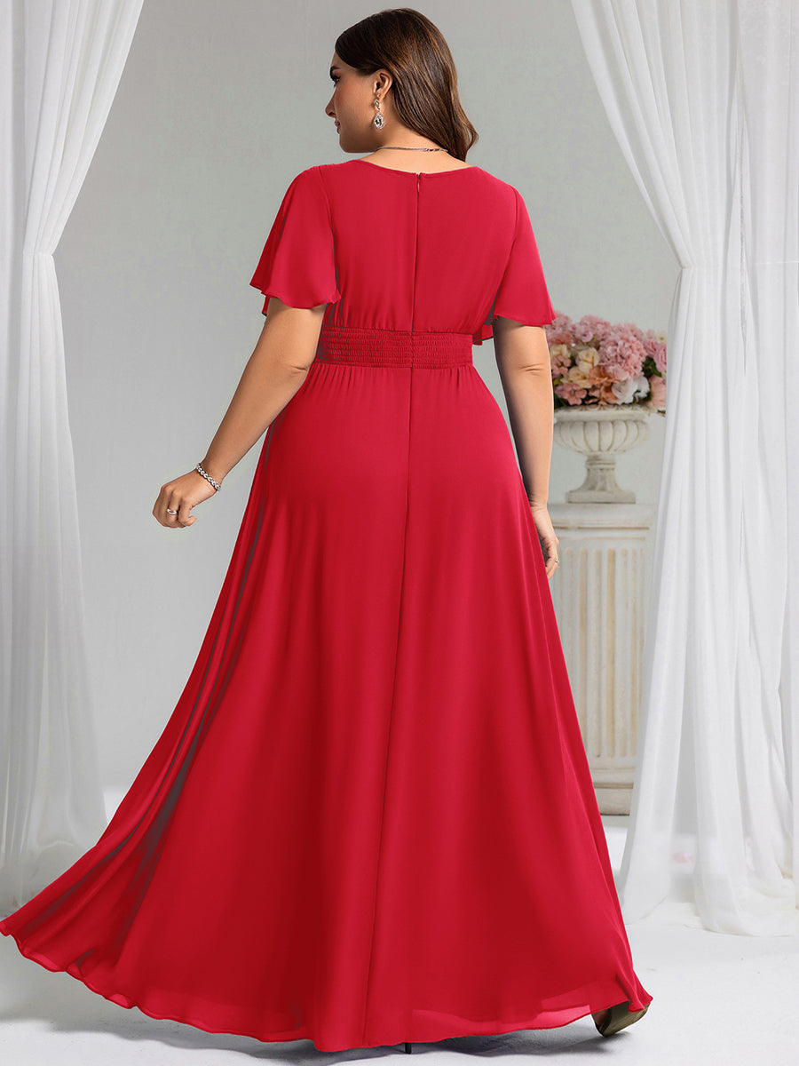 robe longue à manches courtes avec volants et plis en forme de A #Couleur_Rouge