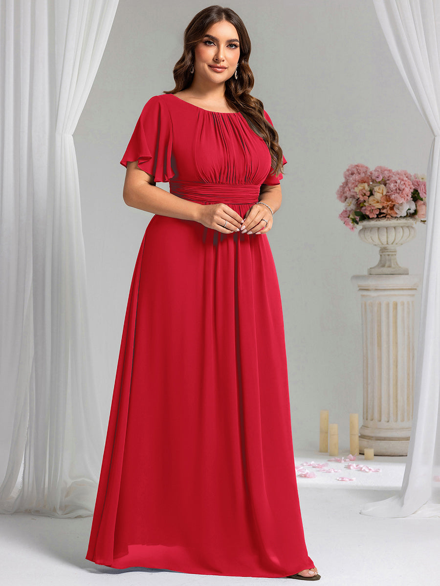 robe longue à manches courtes avec volants et plis en forme de A #Couleur_Rouge