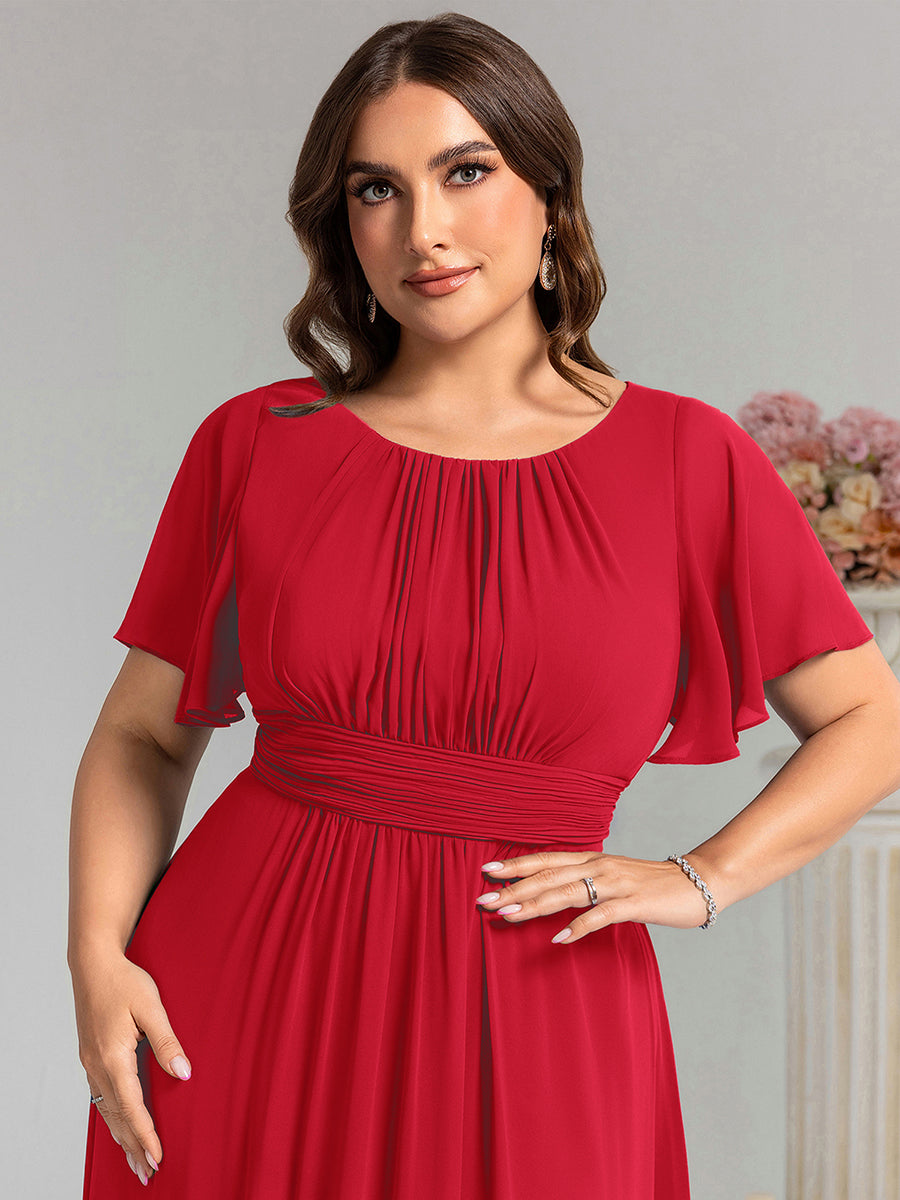 robe longue à manches courtes avec volants et plis en forme de A #Couleur_Rouge