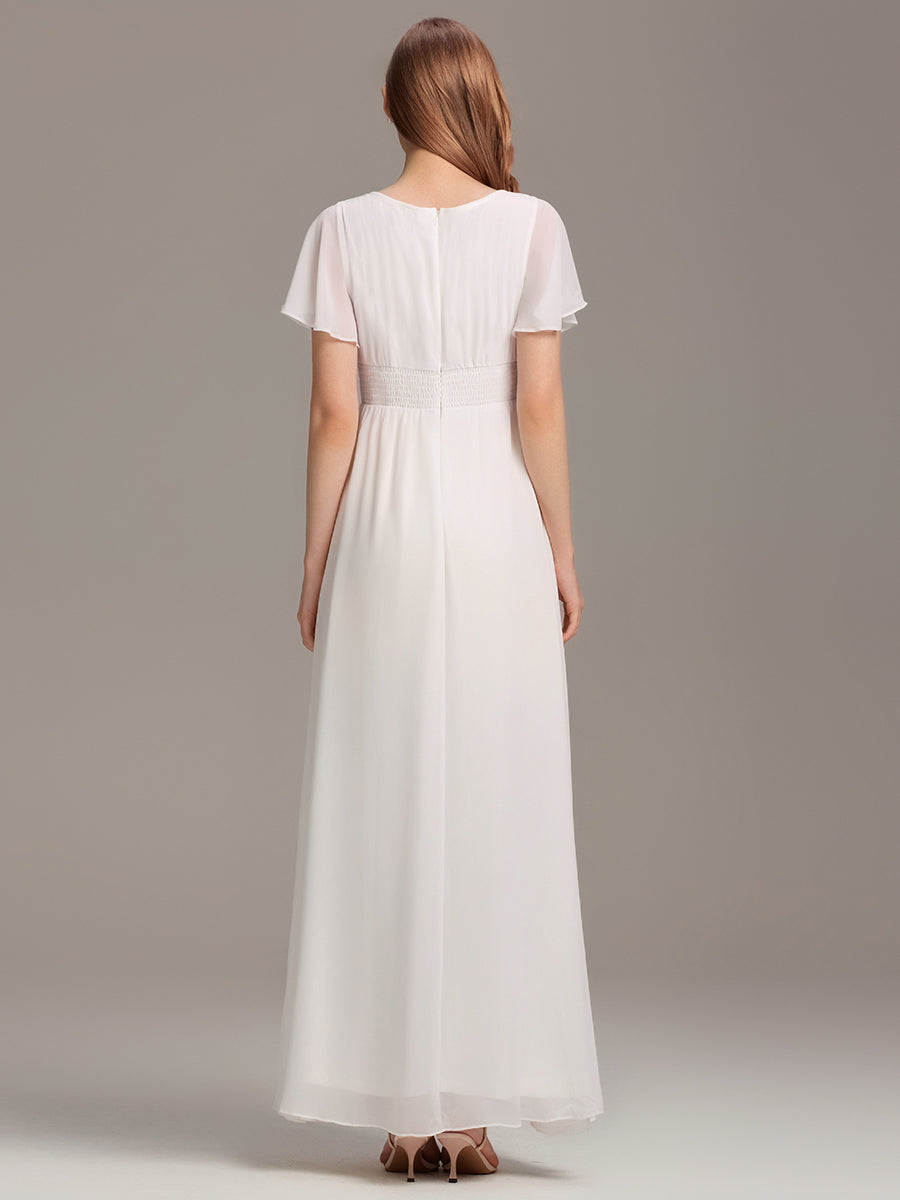 Robe D'invité De Mariage En Mousseline De Soie Mi-Longue Plissée à Manches à Volants Et Col En V #Couleur_Blanc