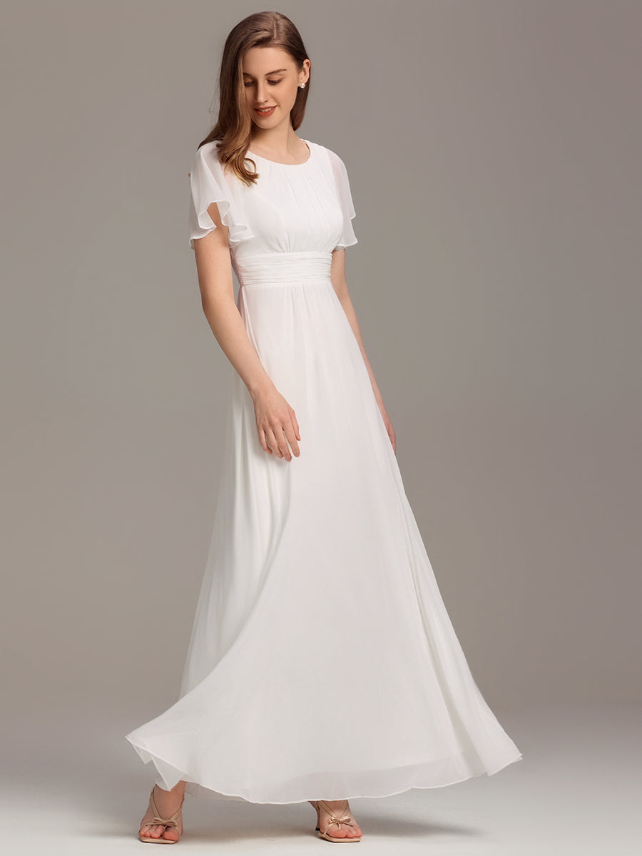 Robe D'invité De Mariage En Mousseline De Soie Mi-Longue Plissée à Manches à Volants Et Col En V #Couleur_Blanc