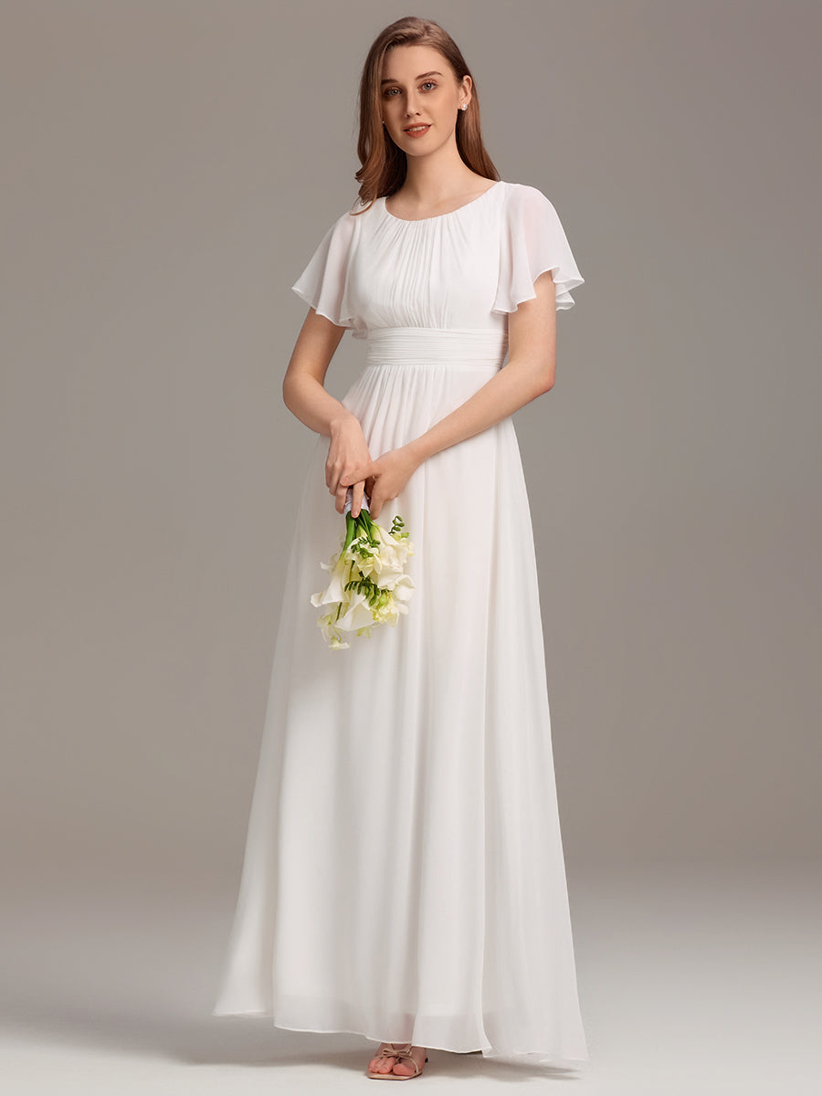 Robe D'invité De Mariage En Mousseline De Soie Mi-Longue Plissée à Manches à Volants Et Col En V #Couleur_Blanc