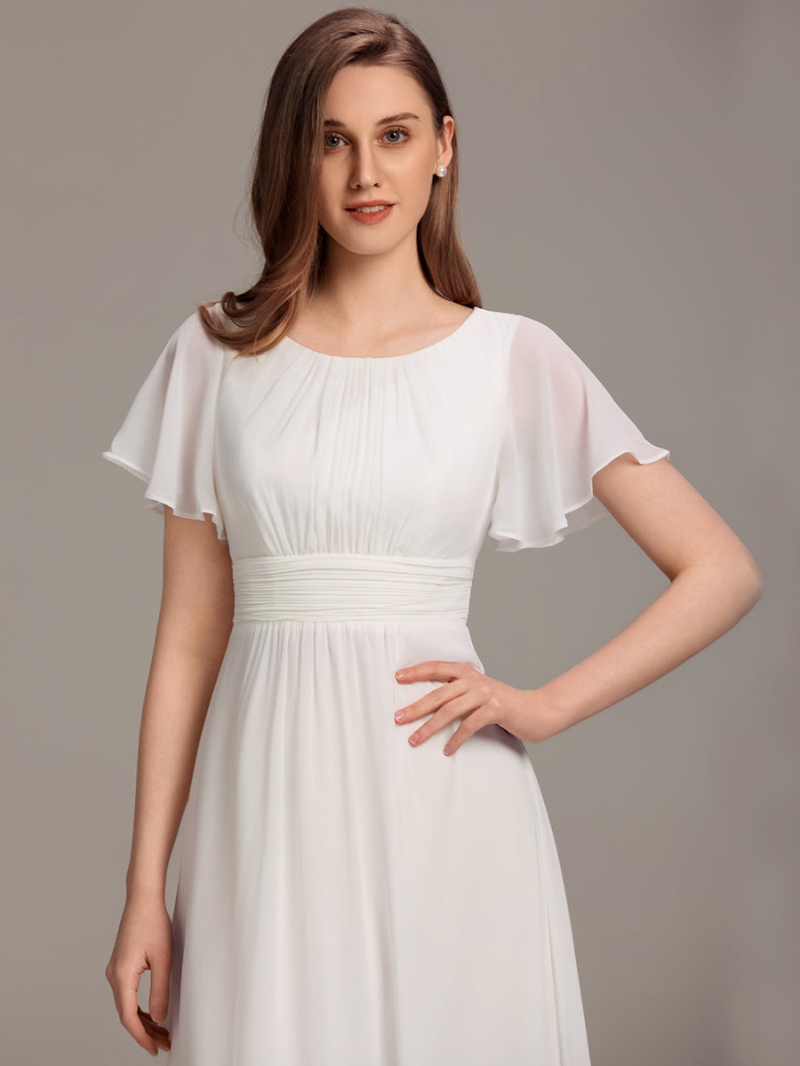 Robe D'invité De Mariage En Mousseline De Soie Mi-Longue Plissée à Manches à Volants Et Col En V #Couleur_Blanc