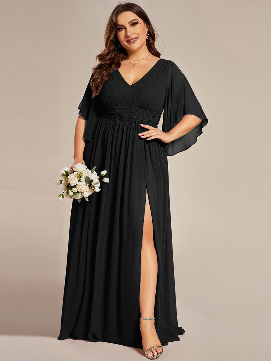 Robe D'invité De Mariage En Mousseline De Soie Mi-Longue Plissée à Manches à Volants Et Col En V #Couleur_Noir