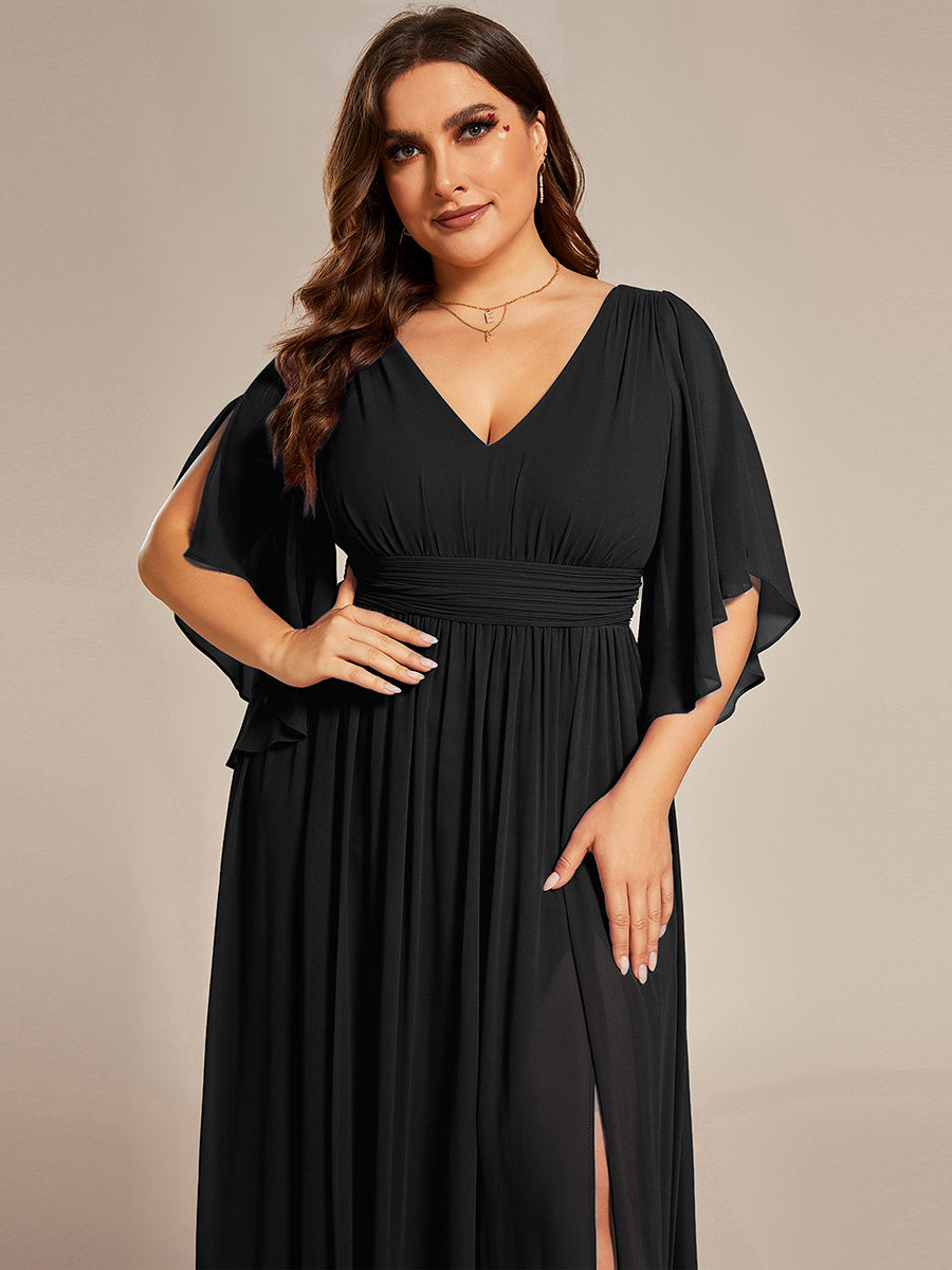 Robe D'invité De Mariage En Mousseline De Soie Mi-Longue Plissée à Manches à Volants Et Col En V #Couleur_Noir