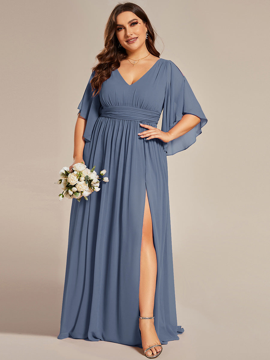 Robe Curvy en mousseline plissée Col V manches mi-longues #Couleur_Marine Fume