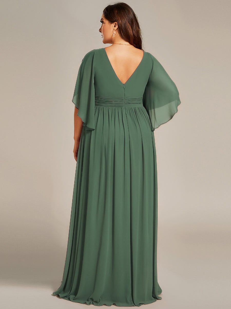 Robe D'invité De Mariage En Mousseline De Soie Mi-Longue Plissée à Manches à Volants Et Col En V #Couleur_Eucalyptus
