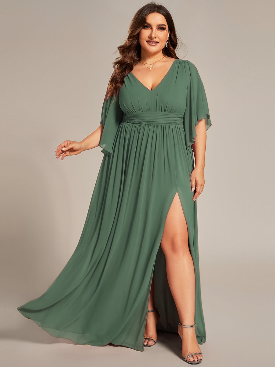 Robe D'invité De Mariage En Mousseline De Soie Mi-Longue Plissée à Manches à Volants Et Col En V #Couleur_Eucalyptus