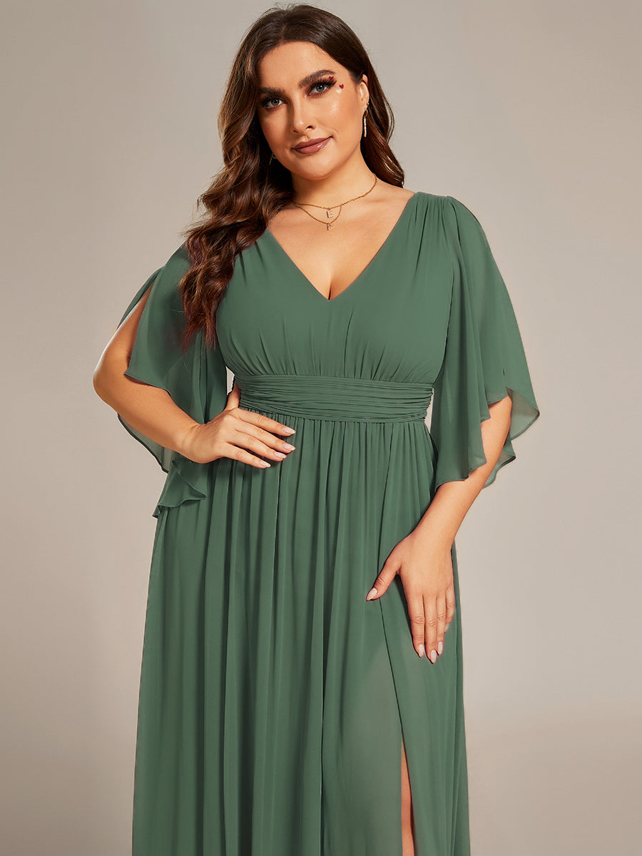 Robe D'invité De Mariage En Mousseline De Soie Mi-Longue Plissée à Manches à Volants Et Col En V #Couleur_Eucalyptus