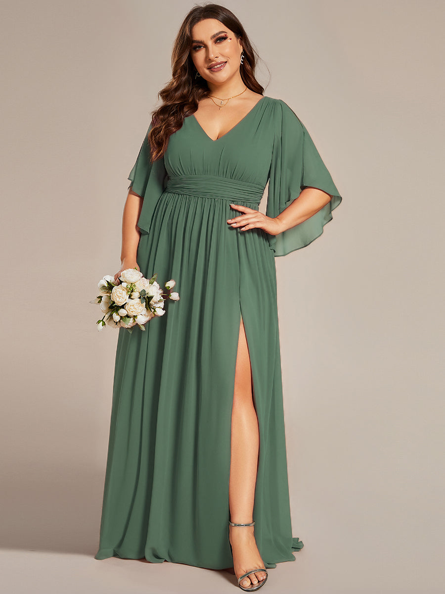 Robe D'invité De Mariage En Mousseline De Soie Mi-Longue Plissée à Manches à Volants Et Col En V #Couleur_Eucalyptus