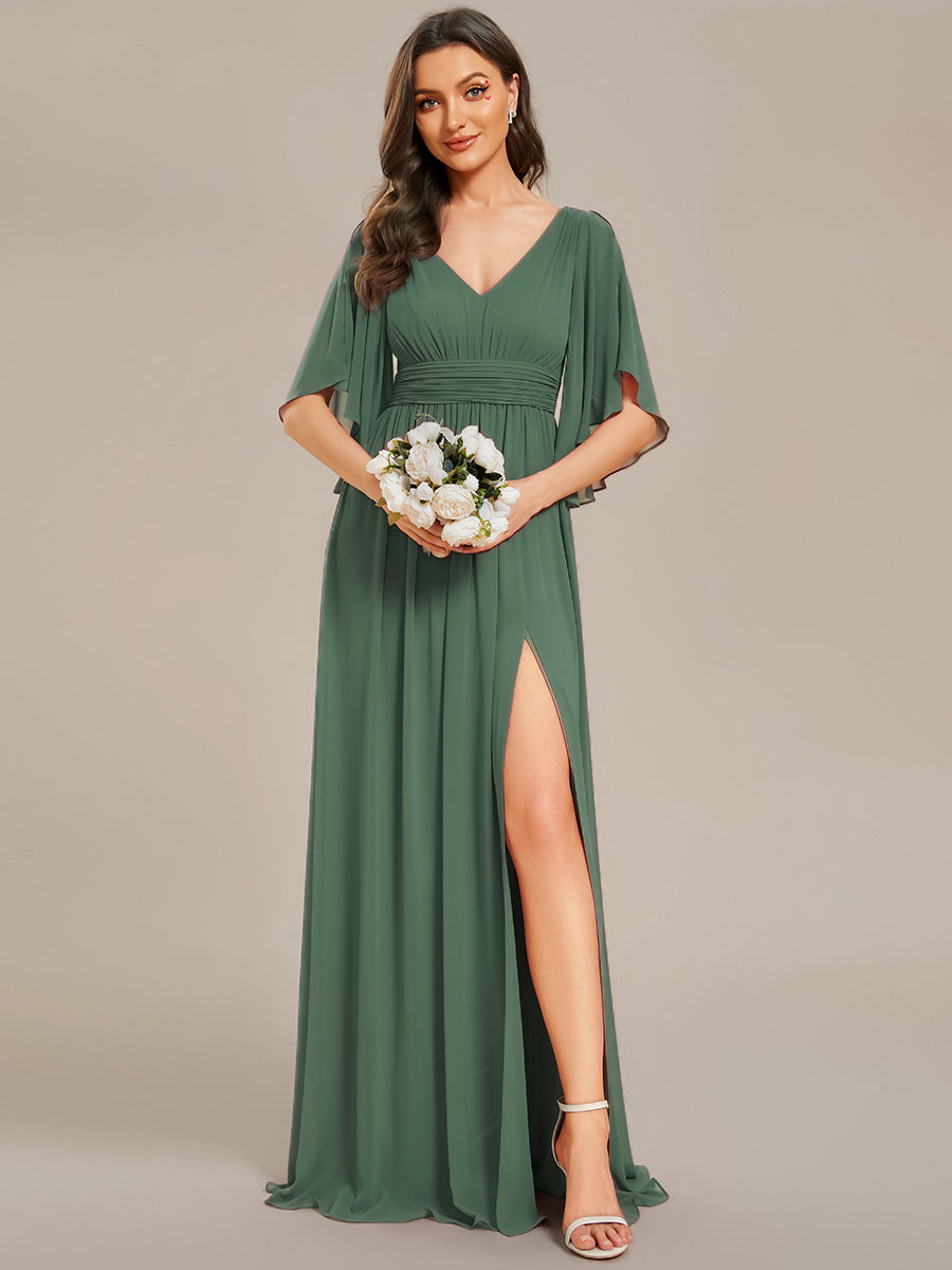 Robe D'invité De Mariage En Mousseline De Soie Mi-Longue Plissée à Manches à Volants Et Col En V #Couleur_Eucalyptus