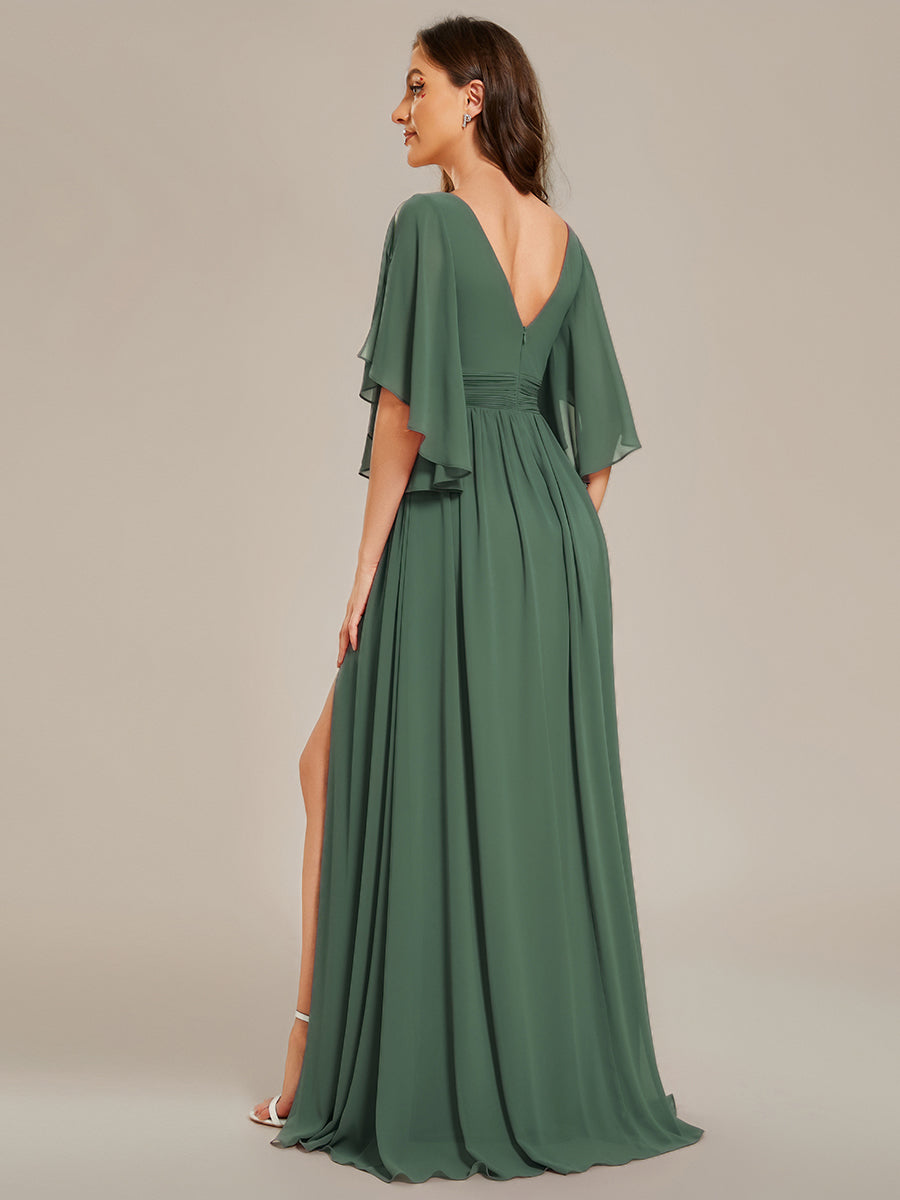 Robe D'invité De Mariage En Mousseline De Soie Mi-Longue Plissée à Manches à Volants Et Col En V #Couleur_Eucalyptus