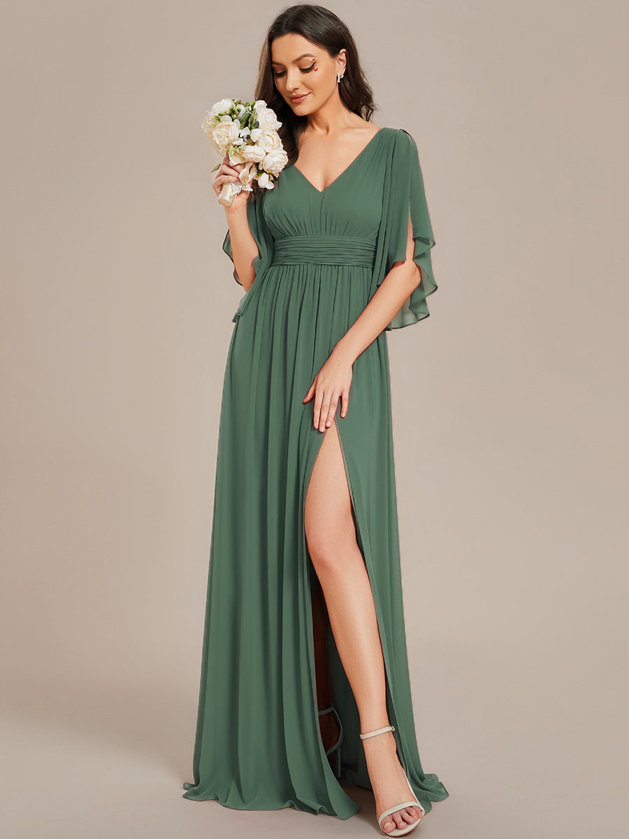 Robe D'invité De Mariage En Mousseline De Soie Mi-Longue Plissée à Manches à Volants Et Col En V #Couleur_Eucalyptus
